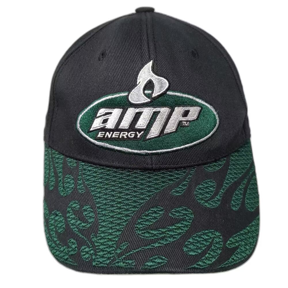 Amp Energy Baseball Cap Black Green OS Hat Embroidered Flame Brim Strapback